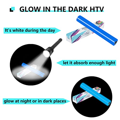 FUNKAKA Glow in The Dark Heat Transfer Vinyl Roll, 12" x 10ft Luminous Sapphire Blue Iron on Vinyl for All Cutter Machine, Glow in The Dark HTV Vinyl for T-Shirts Easy to Cut & Weed for Heat Vinyl DIY - Thumbnail 2