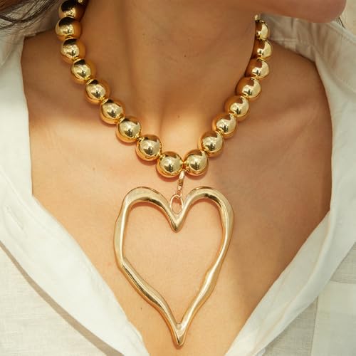 Unique Big Chunky Gold Heart Beads Necklace for Women, Charm Large Thick Hollow Love Heart Pendant Beaded Chain Choker Necklaces Party Y2K Jewelry Gift4