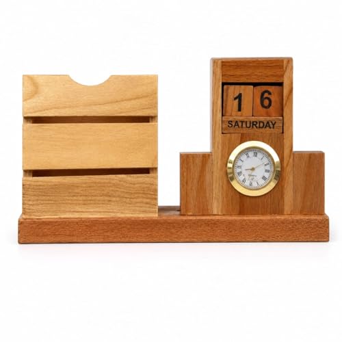 Image of Wooden Desk Organizer with Perpetual Calendar & Analog Clock | Multi-Utility Pen Holder | 20x10x6.5 cm | Natural Wood Finish | Office, Study & Home Decor | Corporate Gift