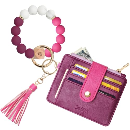 Image of COOLANS Silicone Bracelet Wristlet Wallet Credit Card Holder RFID ID Window Key Ring Tassel Slim Wallet Women Keychain Purse