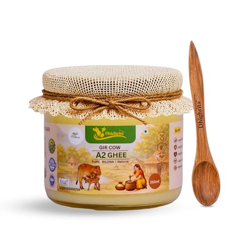 Dhigrita Pure A2 Cow Ghee – Organic Clarified Butter from Farm-Fresh Milk | 250ml Glass Jar | Healthy & Nutrient-Rich | Ideal for Cooking & Health | Vegetarian, No Preservatives, Ambient Temperature Storage
