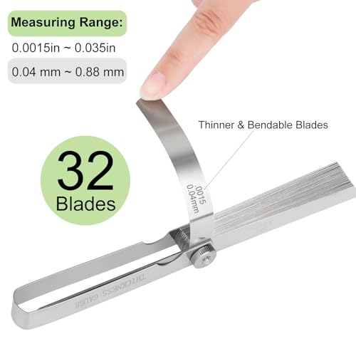 Stainless Steel Feeler Gauge 32-Blade 0.04-0.88 mm (0.0015-0.035 Inch) Precision Gap Measuring Tool for Valve Adjustment, Spark Plug Gap, Dual Marked Metric and Imperial Measuring Tools