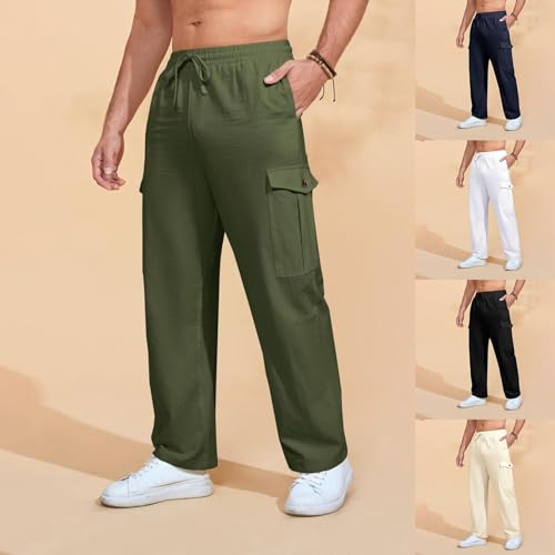 Men's Cotton Cargo Pants Classic Fit Flat Front Lightweight Elastic Waist Golf Trousers with Multi-Pocetket2