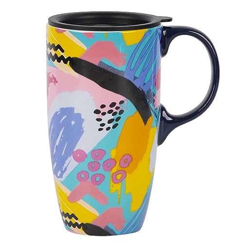 DUSVALLY Ceramic Mug Large Coffee Mug Tall Cups Porcelain Latte Tea Cup with Lid 17oz,Doodle, 16.5 cm