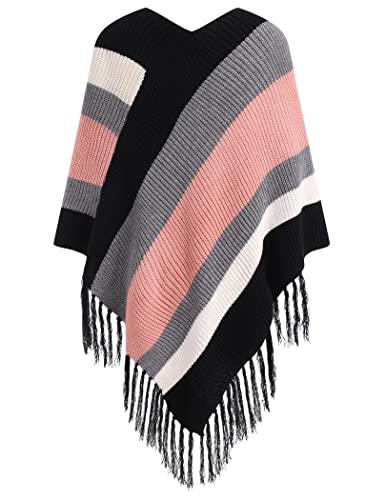 IN'VOLAND Women's Shawl Wraps Knitted Shawl with Fringed Capelet V-Neck Striped Poncho Sweater Pullover Cape for Women2