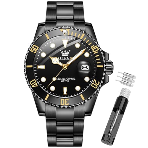 OLEVS Men's Watch Analog Quartz - Dress Watch Stainless Steel Case,Big Face,Luminous, Date Window, 30M Waterproof, Fold-Over Clasp Bracelet (G5885- All Black)
