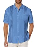COOFANDY Mens Summer Beach Shirt Cuban Short Sleeve Shirts Linen Button Down Casual Vacation Top Blue