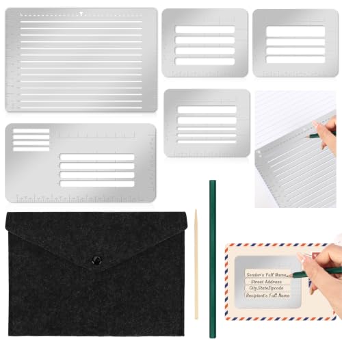 5 Pcs Metal Straight Line Stencil Templates Lettering Aid Template for Journaling Lettering & Writing Envelope Addressing Guide Ruler Set with Multiple Sizes Spacing Lines and Storage Pouch