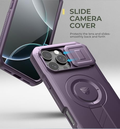 Image of Dexnor for iPhone 16 Pro Max Case with Slide Camera Cover & Adjustable Kickstand & Built-in Screen Protector,Compatible Wireless Charging Shockproof Heavy-duty Mangetic Protective Cover,Phantom Purple