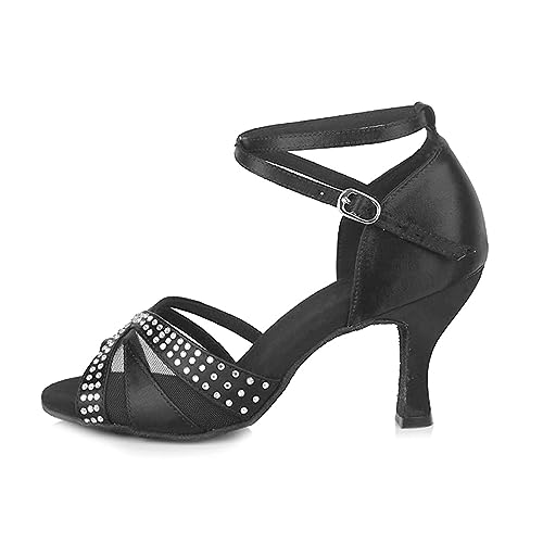 Rosefinch Chaussures de Danse Latine en Satin et Strass pour Femme Salsa Tango Performance Dancing Shoes Bachata Waltz Noir Talon 7cm,39 EU