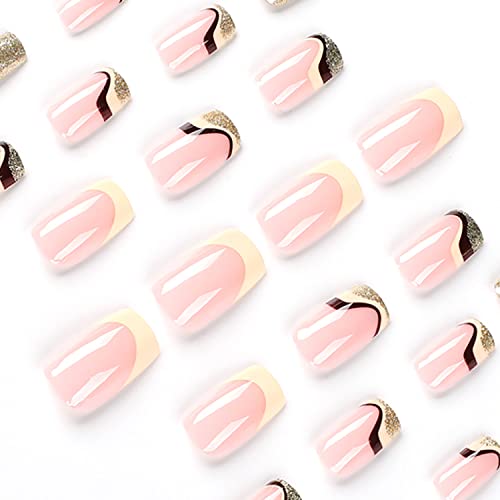 Short Press On Nails Square Acrylic Fake Nails Pink Gold Foil Stripe Tip False Nails With Designs Full Cover Artificial Glue On Nails Stick On Nails For Women And Girls 24 Pcs #TOP2
