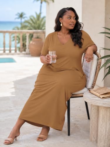 Image of SUZONANA Women Casual T-Shirt Dress V Neck Short Sleeve Solid Color Oversize Dress with Front Two Pockets