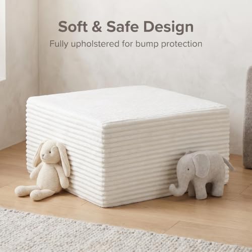 Image of 35.4 inch Corduroy Ottoman Foot Rest with Soft Memory Foam, White | Plush Pouf Compressed Footrest, Floor Foot Stool for Living Room, No Assembly Require
