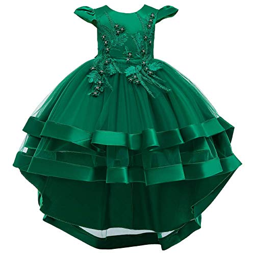 OBEEII Girls Embroidery Princess Dress Wedding Birthday Party Long Tail Prom Gowns Green 12-13 Years