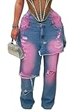 LKOUS Women's Jeans with Color Block High Waisted Trendy Distressed Straight Leg Denim Pants with Holes Blue Red