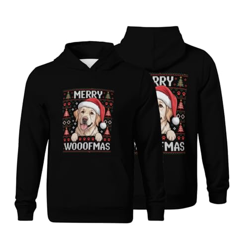 Kids Funny Ugly Sweater Merry Woofmas Golden Retriever Dog Boys Girls Lightweight Kangaroo Pocket Fleece Hoodies