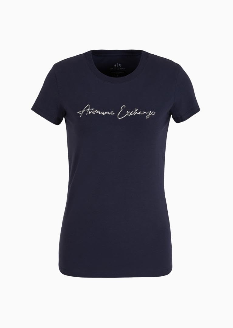 Armani Exchange Rhinestone Script Logo Cotton Crewneck T-Shirt Camiseta Mujer
