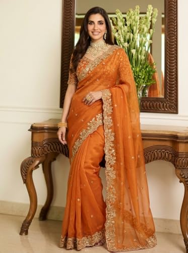 Image of ORHANS Women's Organza Silk Saree with Unstitched Blouse Piece Heavy Embroidery Work and Floral Pattern | Womens Sarees for Weddings | Party and Festivals Sari for Woman | Silk Saree