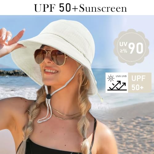 Image of SANNIDHI Sun Hats for Women Bucket Hat for Women, Wide Brim Summer UV Protection Beach Hat, Outdoor Casual Womens Hats with Chin Strap, Fashion Ladies