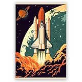 TqzQuilyan Spaceship Planet Saturn adventure time poster retro wall art Milky Way galaxy Canvas Outer Space Art Wall Decor Living Room Bedroom Office Bathroom Room space decor 12x18inch Unframed