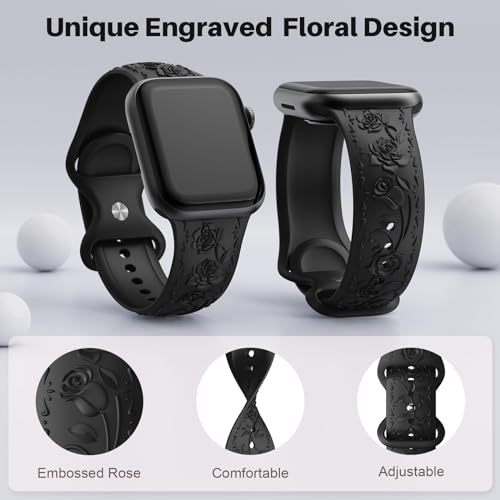 Floral Engraved Band Compatible with Apple Watch Band 40mm 41mm 38mm 42mm 44mm 45mm 49mm Women, Designer Soft Silicone Embossed Flower Strap for iWatch Band Series SE Ultra 9 8 7 6 5 4 3 Black 38