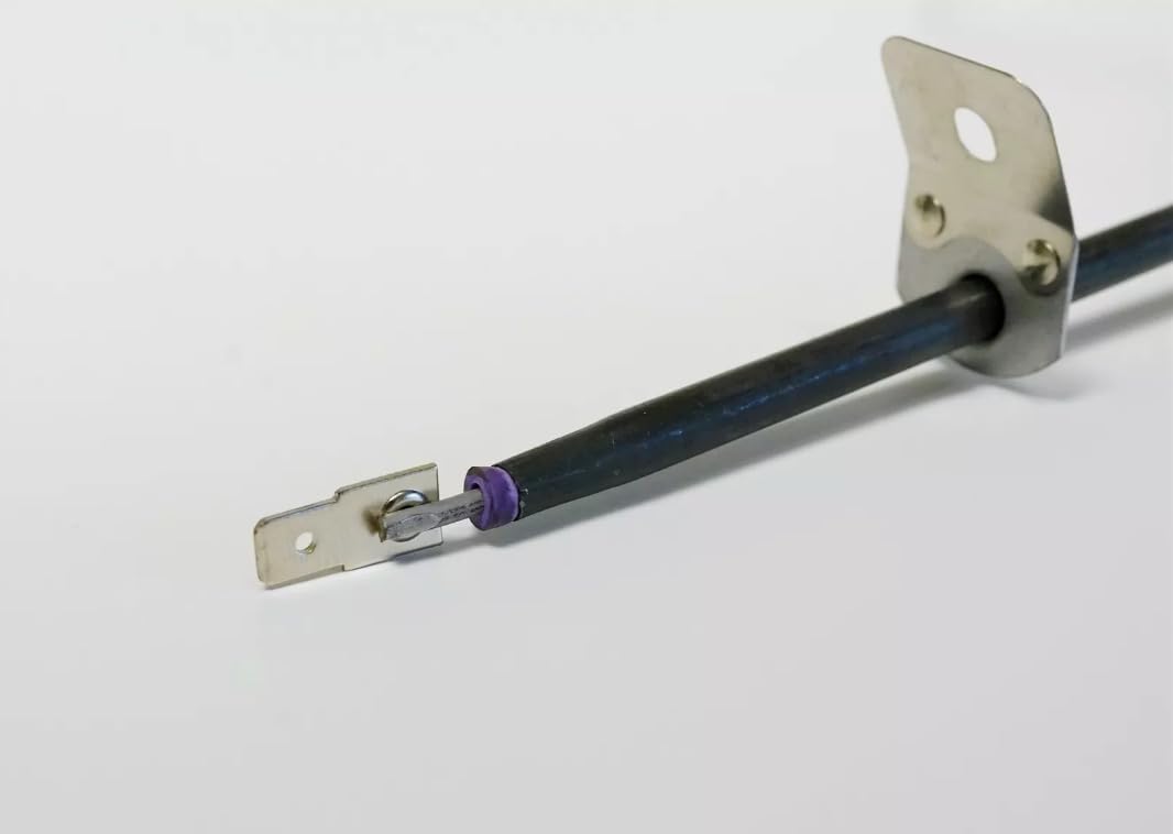 Close-up of the heating element's terminal end with a purple insulator and metal spade connector.