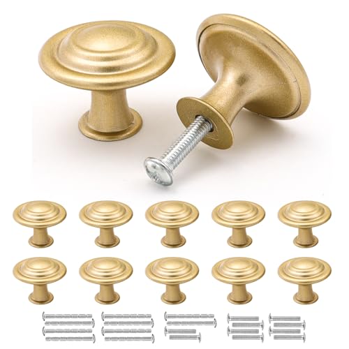 Misuyue Boutons de Meuble Or Mat, Poignée Meuble Vintage, 10 Pièces Boutons de Tiroir en Alliage de Zinc, 30mm Boutons de Portes pour Placards Commode Armoire, avec Vis Assorties