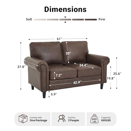 Image of Kingfun Loveseat 2 Seater Couch, Mid Century Modern Faux Leather Sofa with Rolled Arms and Deep Seats, Fluffy Comfort for Living Room, Apartment, Easy Assembly, Cocoa