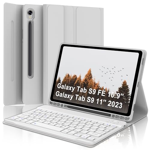 Keyboard Case for Samsung Tab S9 FE/S9 5G 2023, Galaxy Tab S9FE 10.9inch Keyboard with Smart Case, Magnetic Bluetooth Key Board for Samsung S9 11in Tablet, Slim Folio Case with Pen Holder, Gray White