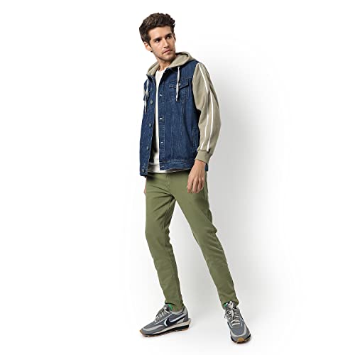 Image of Campus Sutra Men's Medium-Washed Blue & Green Regular Fit Denim Jacket For Winter Wear Hooded Collar Full Sleeve Buttoned Casual, Western Stylish