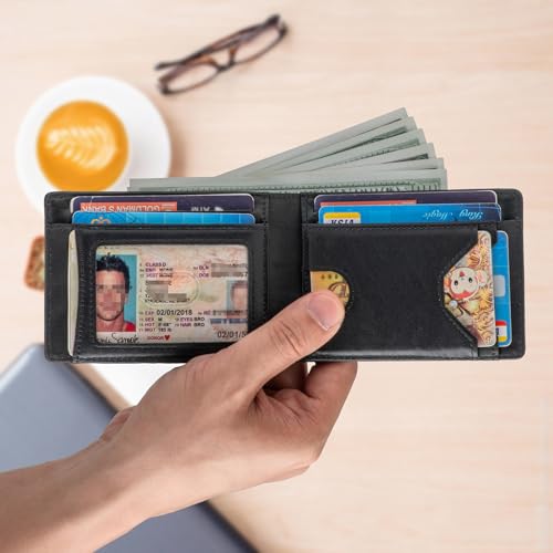 Slim Mens Bifold Wallet,Thin Genuine Leather Wallet for Men with 8 Card Slots and1 ID Window (BLAC2