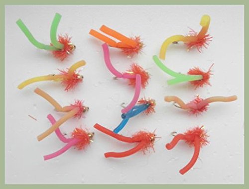 Worm Fishing Fly, 12 Goldhead Squirmy Worms, Mixed Colours Size 10 For fly Fishing