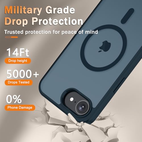 Image of YENAPOON for iPhone 17e Case, iPhone 16e Case, Matte Magnetic Phone Cover [with 1 Screen Protector] [Support for MagSafe] [Shockproof Military Grade Protection] Translucent Frosted Back, Navy Blue