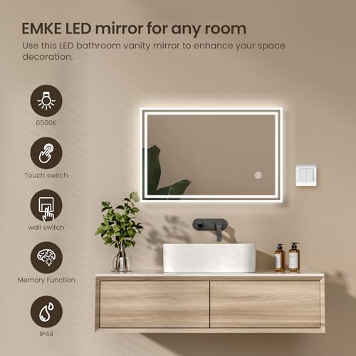 EMKE Bathroom Mirror with LED Lights, 40 x 60 cm Illuminated Wall Mounted Vanity Mirror, Backlit Bathroom Mirrors with Dimmable/Anti-fog/Touch Switch, Hardwired, IP44 - Cosy Home Interiors EMKE Bathroom Mirror with LED Lights, 40 x 60 cm Illuminated Wall Mounted Vanity Mirror, Backlit Bathroom Mirrors with Dimmable/Anti-fog/Touch Switch, Hardwired, IP44 - Image 4