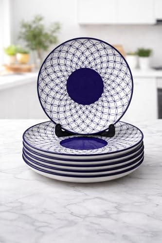 Image of Ceramic Plate Set,10 inches - Set of 6 Large Size Dinner Plate for Snacks, Appetizers etc. Handmade Stoneware Dinner Plate (Blue) (Blue Jaal)