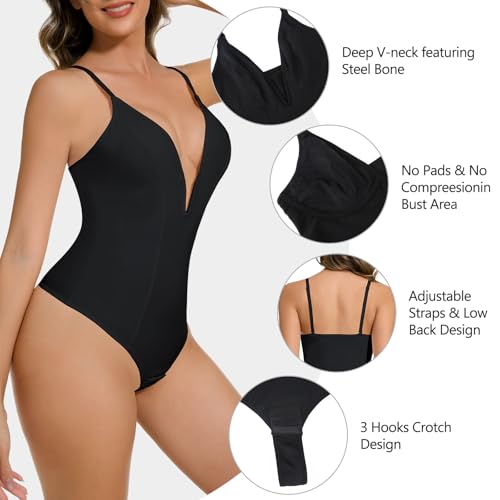 Deep V Bodysuit for Women Thong Shapewear Tummy Control Low Back Shapewear for Women4