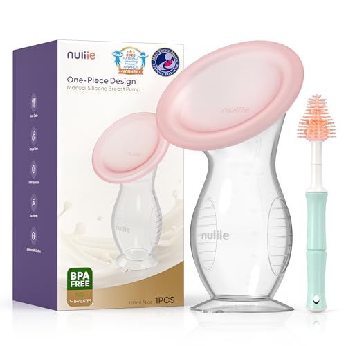 Nuliie Silicone Manual Breast Pump with Leak-Proof Lid & Suction Cup, 4oz/120ml BPA-Free, Wearable Hand Pump Breastmilk, Breast Milk Collectors for Breastfeeding Essentials, Includes Cleaning Brush
