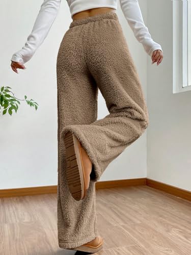 Women's Drawstring High Waisted Fuzzy Pants Cozy Wide Leg Casual Lounge Trousers2