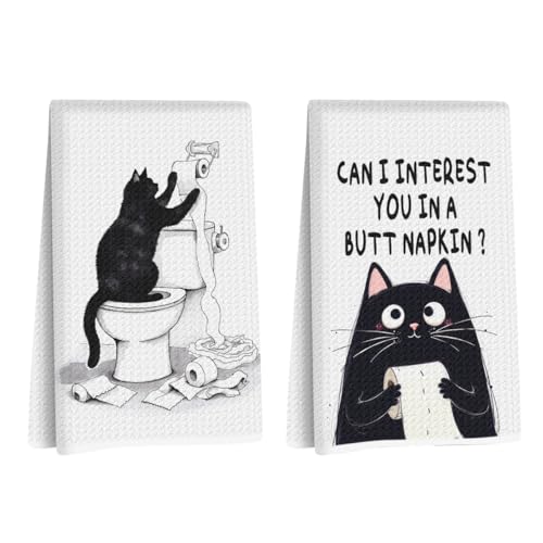Image of Hanamiya Na 2Pcs Funny cat Hand Towel for Bathroom 24x14 Inch, Funny Absorbent Microfiber Dish Cloth Bathroom Towel, Waffle Weave Hand Towels for Toilet Home, Cat Lover Gifts