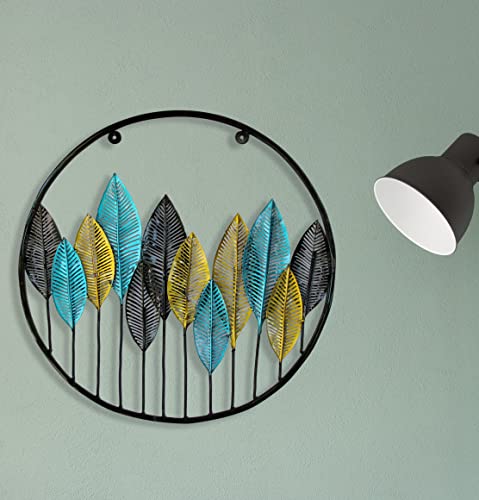Image of iHandikart Modern Circular Metal Wall Art | 23x23 Inch Round Leaves Sculpture | Gold, Blue, & Black Framed Decor for Living Room, Bedroom, and Office