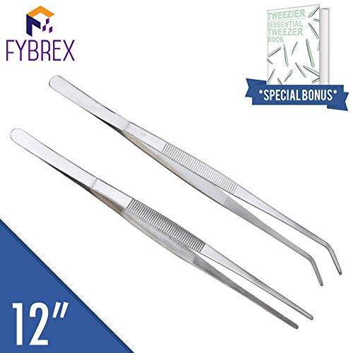 2 Pcs Straight and Curved Tip Tweezers 12 Inch, Stainless Steel Precision Tweezers