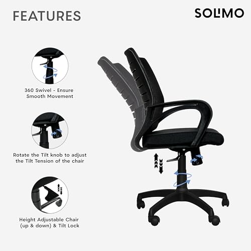 Image of Amazon Brand - Solimo Sitly Mid Back Revolving Office Chair for Work from Home, Study, and Computer Use | Heavy Duty Base | Ergonomic Mesh Design | Durable & Comfortable Seating (Black Mesh)