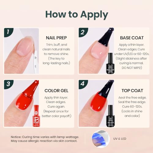 Image of Beetles Red Gel Nail Polish Set, Stay Shining Crimson Glamour Shade Set 6 Colors Gel Polish White Red Burgundy Glitter Color Soak Off UV LED Nail Art DIY Salon at Home Spring Gift for Women