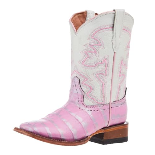 Girls Pink And Silver Caiman Print Square Toe Boots