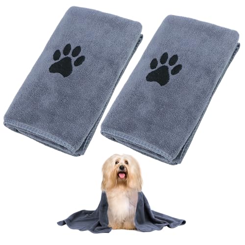 QWORK® 2 Stück Hundehandtuch Set, 75x35 cm Hunde Handtuch, Grau Extra Saugfähig Handtuch, Mikrofaser Handtuch, für Haustiere