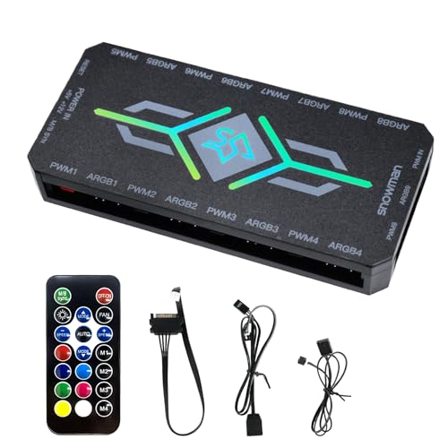 ONGNIUU ARGB PWM Hub ventiladores PC con mando a distancia, equipado con 9 puertos PWM (4 pin) y 9 puertos ARGB (5 V 3 pin), base magnética y alimentación SATA de 18 puertos (negro)