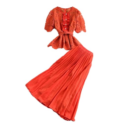 Women Vintage Skirt Suit 2 Piece Sets Womens Slim Waist Lace Blouse High Waist Pleated Skirts Suit - Main Image