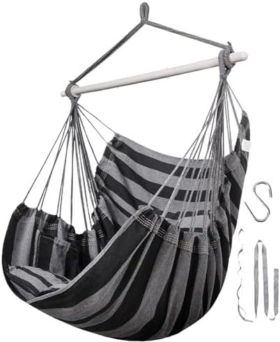 Lulladle Hammock Chair Hanging Rope Swing - Hammock Chair Bedrooms - Swing Chair Indoor - Hanging Chair Outdoor - Max Weight 500 Lbs Black & Gray