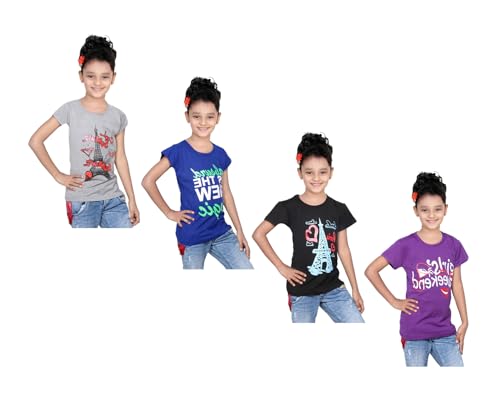 Image of indi weaves Girls Pure Cotton Chest Printed Half Sleeves Round Neck T-Shirts (Pack of 4)