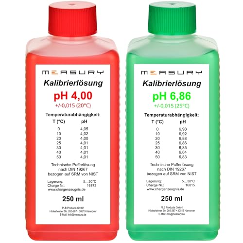 Measury pH Kalibrierlösung 4.00 und 6.86 - hergestellt in Deutschland, pH Pufferlösung je 250ml, Eichlösung Rot/Grün, Kalibrierflüssigkeit Set Eichflüssigkeit